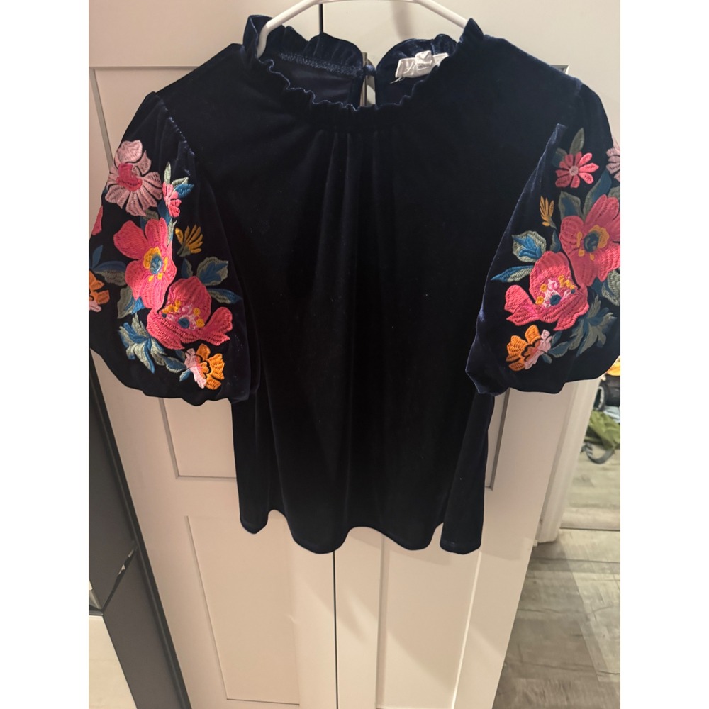 HML Navy Blue Velvet Floral Embroidered‎ Puff Sleeve Ruffle Neck Top XS